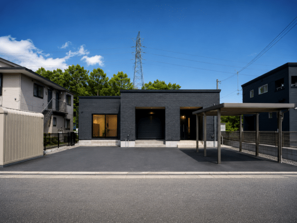 苫小牧市の黒い外壁とカーポートが印象的な平屋住宅