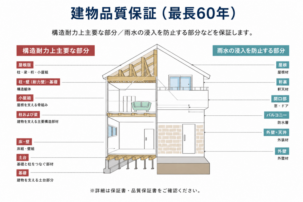 構造耐力上主要な部分と雨水の浸入を防止する部分を示した建物品質保証の対象範囲