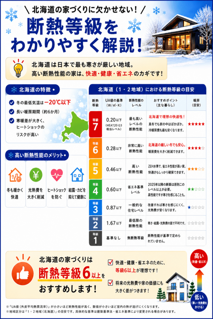 北海道の断熱等級4から7とUA値を比較した早見図