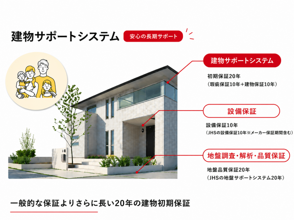 建物初期保証20年・住宅設備保証10年・地盤品質保証20年の建物サポートシステム