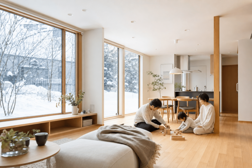 雪景色を望む大きな窓の暖かなLDKで過ごす家族