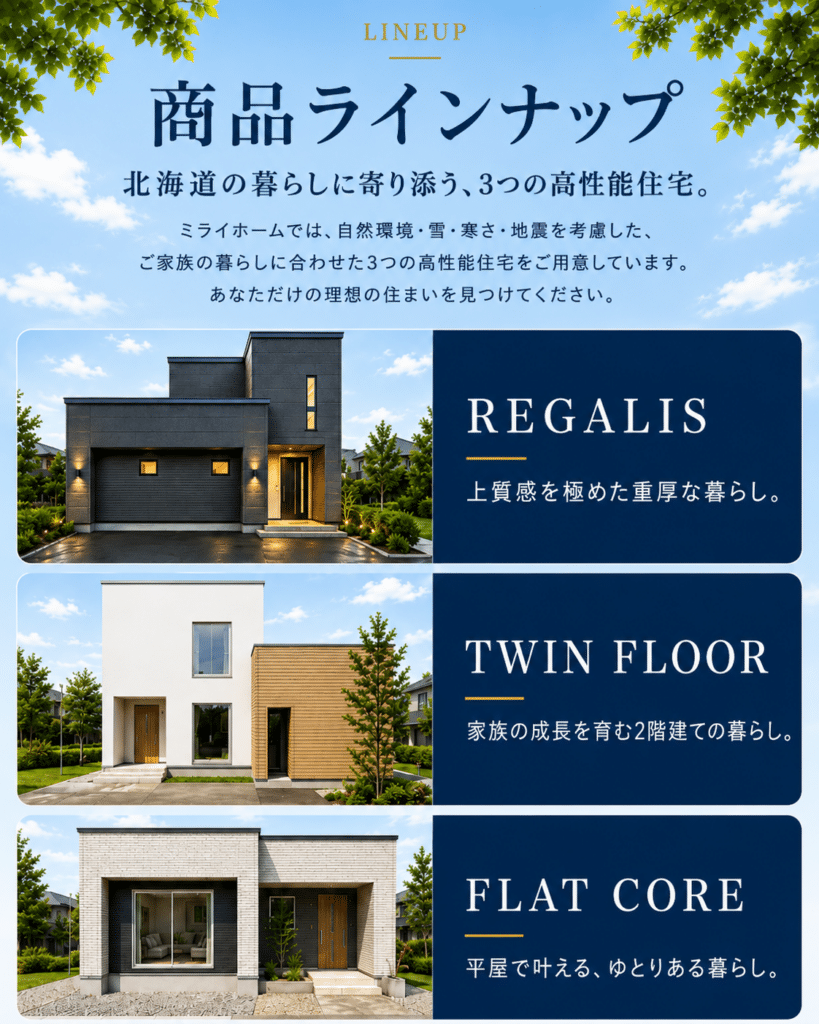 北海道の暮らしに対応する高性能住宅「Regalis・TWIN FLOOR・FLATCORE」の商品ラインナップ紹介画像