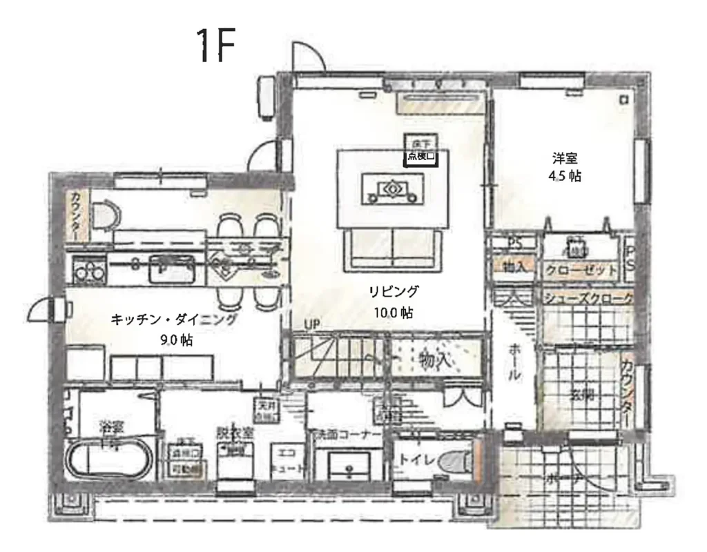 苫小牧市花園町モデルハウスの1階間取り図