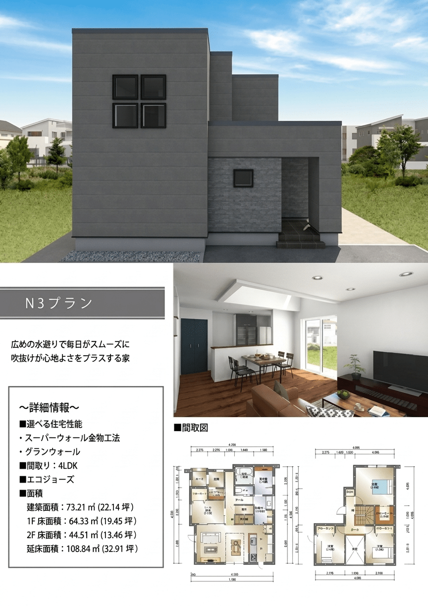 TWIN FLOOR N3タイプ・4LDKの外観、内観、1階・2階の間取り