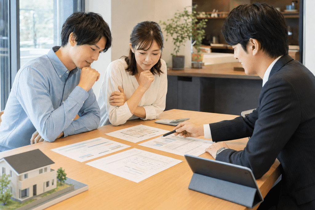 苫小牧で新築住宅の見積書と建築総額を確認する夫婦