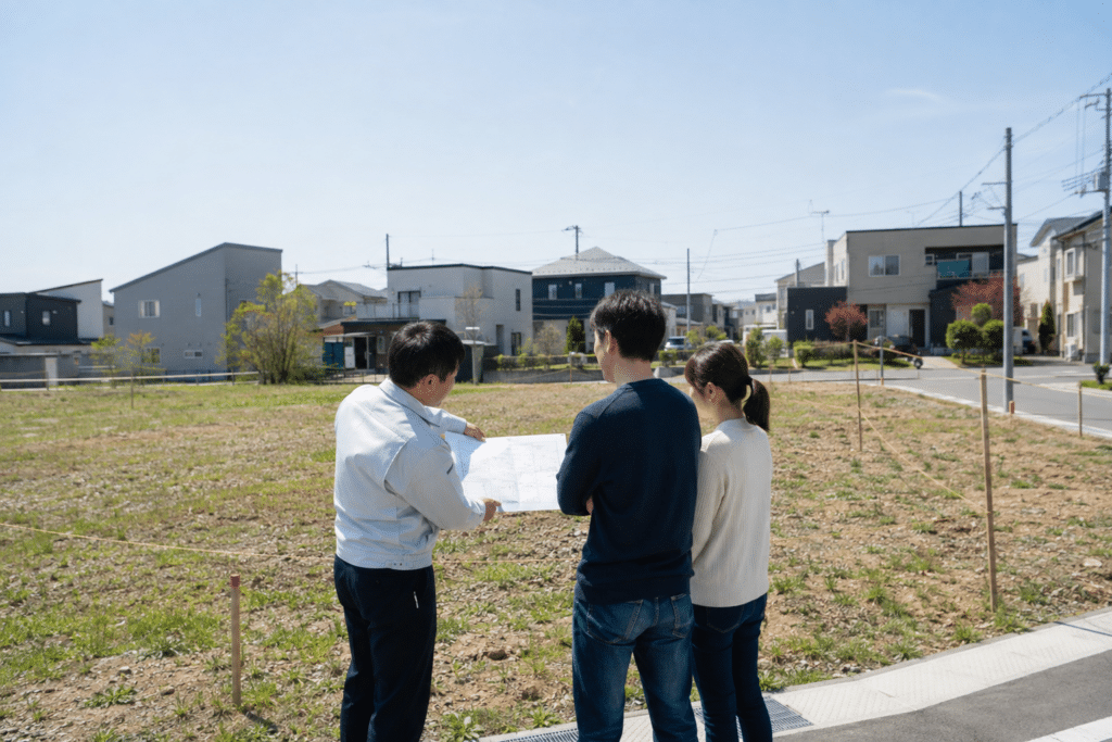苫小牧の住宅用地で建築条件を確認する家族と担当者