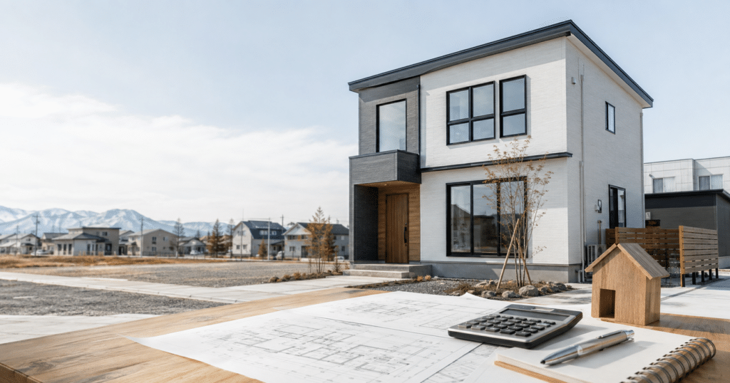 苫小牧で注文住宅を建てる費用を図面と電卓で検討するイメージ
