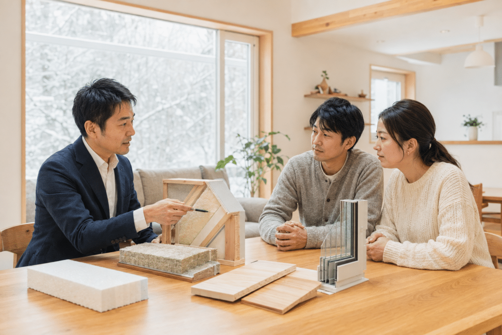 苫小牧の住宅会社で断熱材とトリプルガラスの説明を受ける夫婦