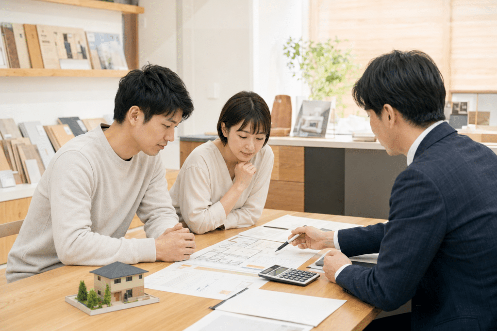 注文住宅の間取りと予算について住宅会社へ相談する家族
