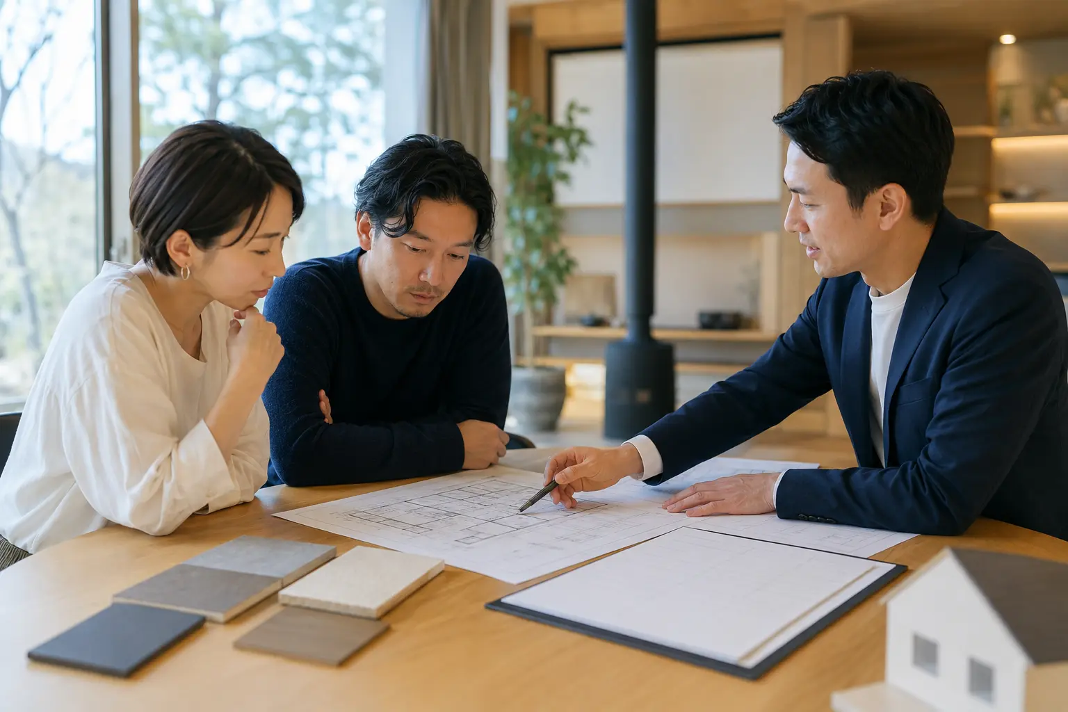 住宅会社の担当者と給湯・暖房計画を相談する夫婦