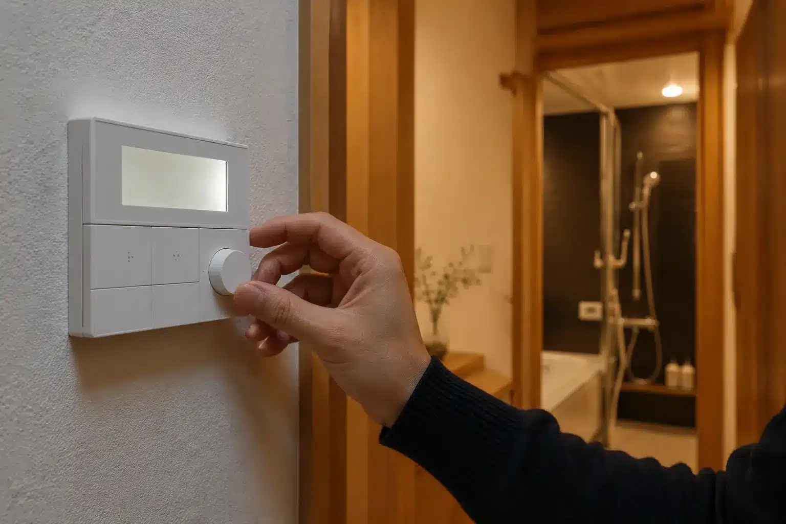 住宅設備のリモコンで給湯温度を無理なく調整する手元