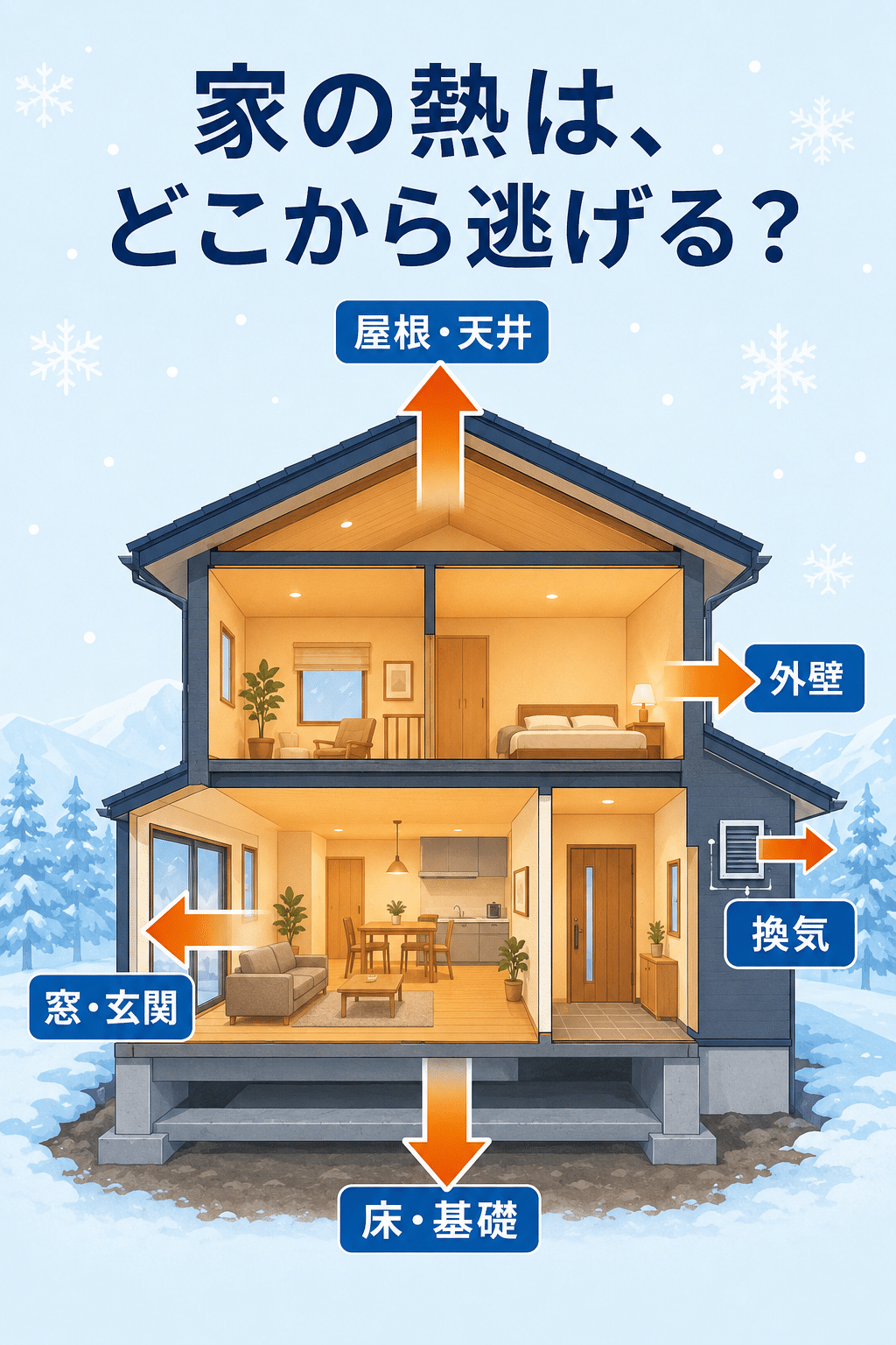 家の屋根・外壁・窓・玄関・床・基礎・換気から熱が逃げる場所を示した図解