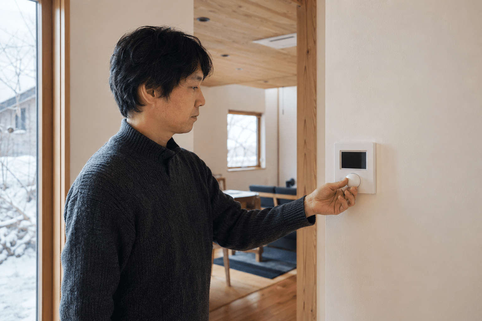 北海道の高性能住宅で温度コントローラーを調整する居住者