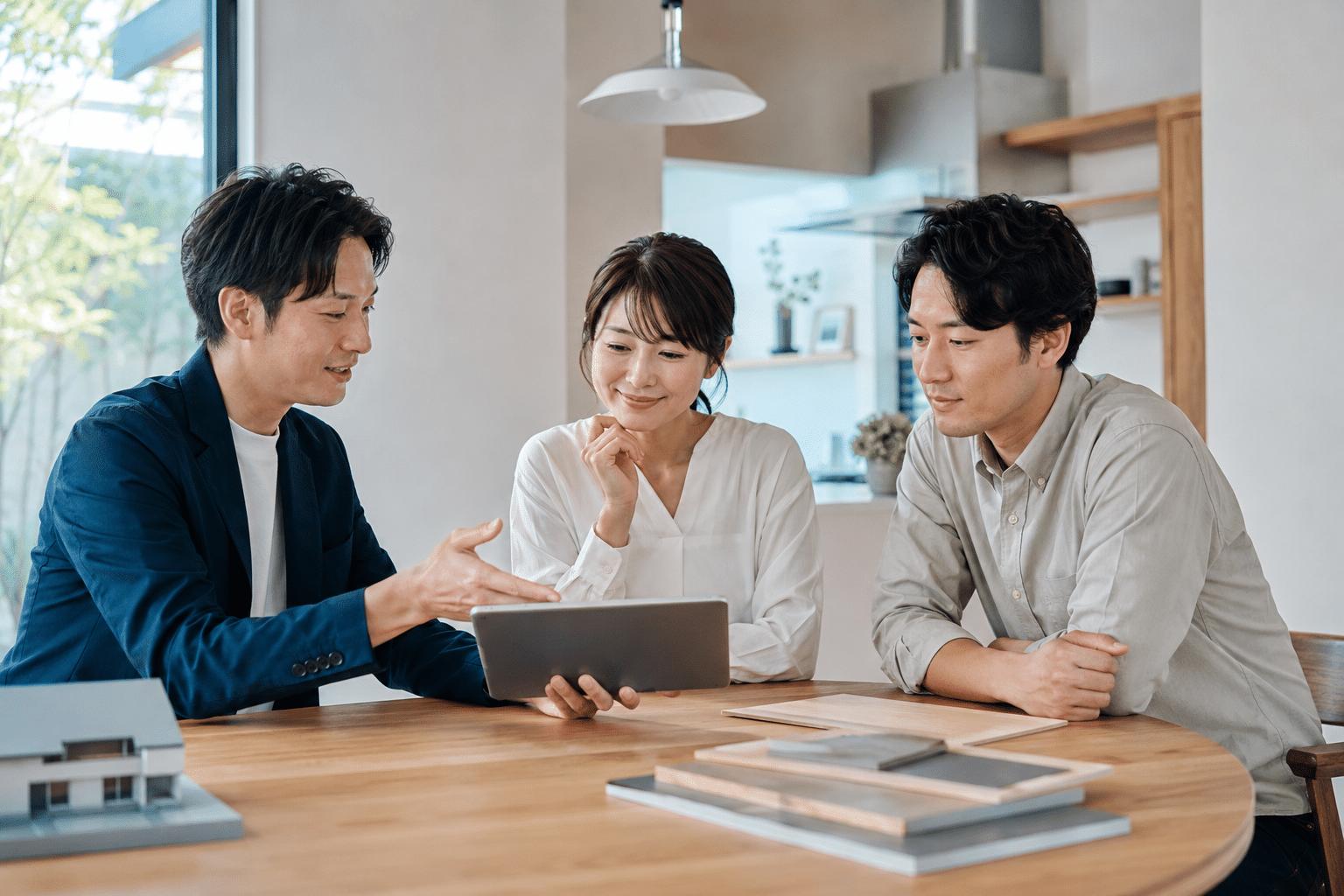 長期保証について説明する住宅アドバイザーと相談者