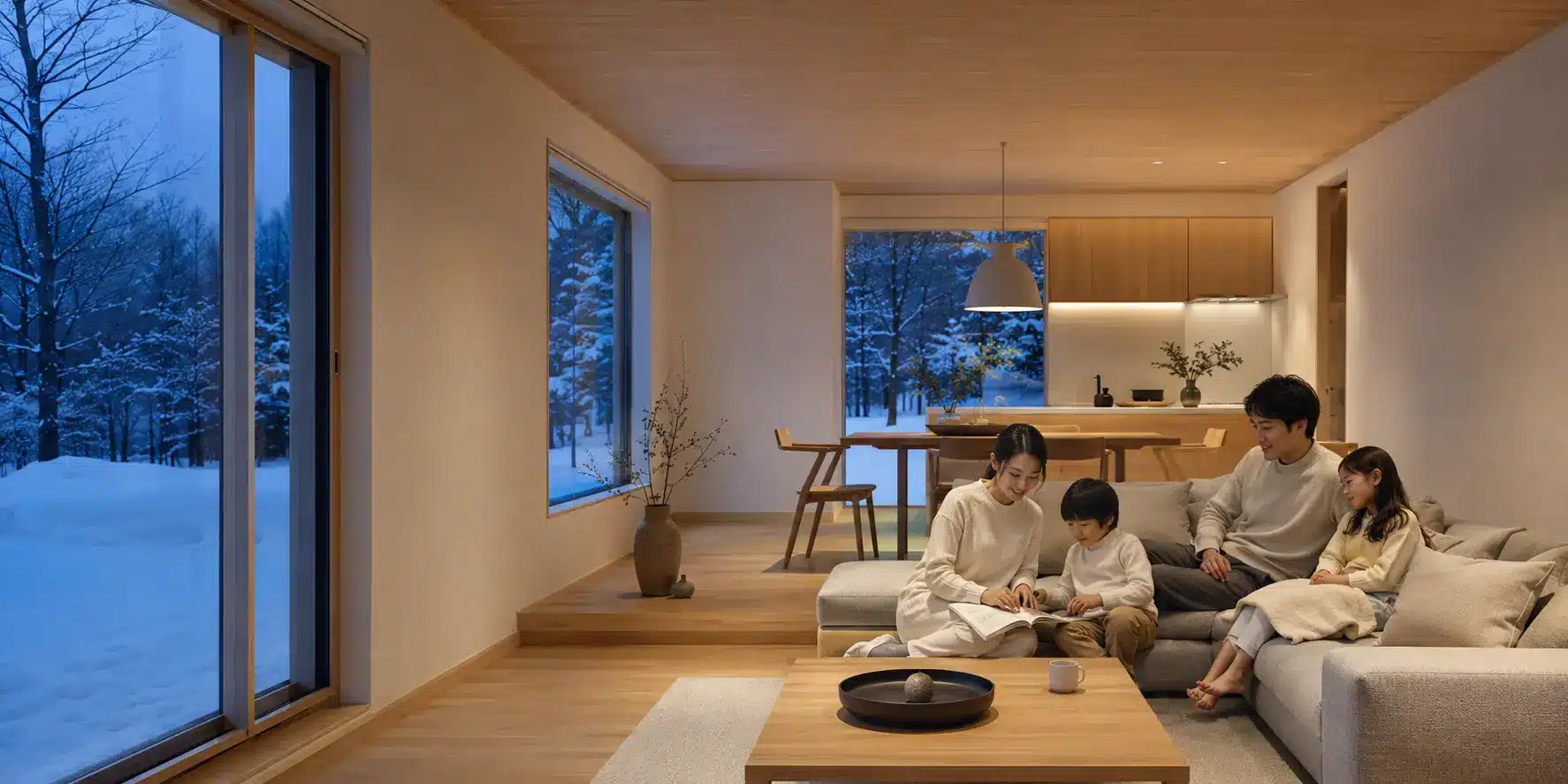 雪景色を望む暖かなLDKでくつろぐ家族
