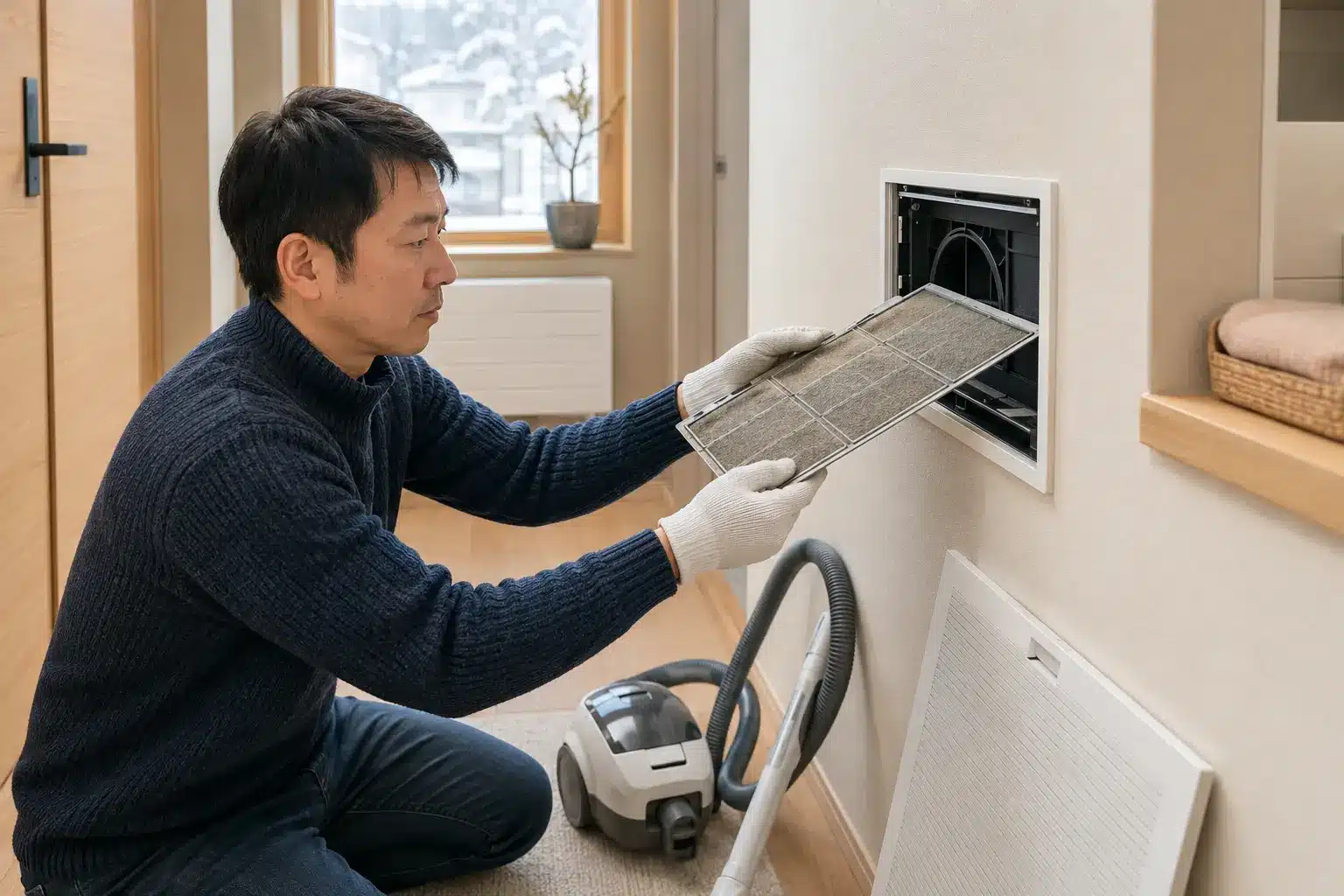 24時間換気システムのフィルターを清掃する住まい手