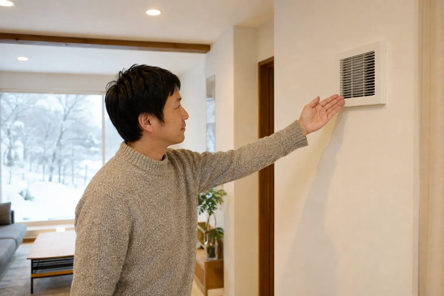 北海道の住宅で24時間換気の給気口を確認する様子