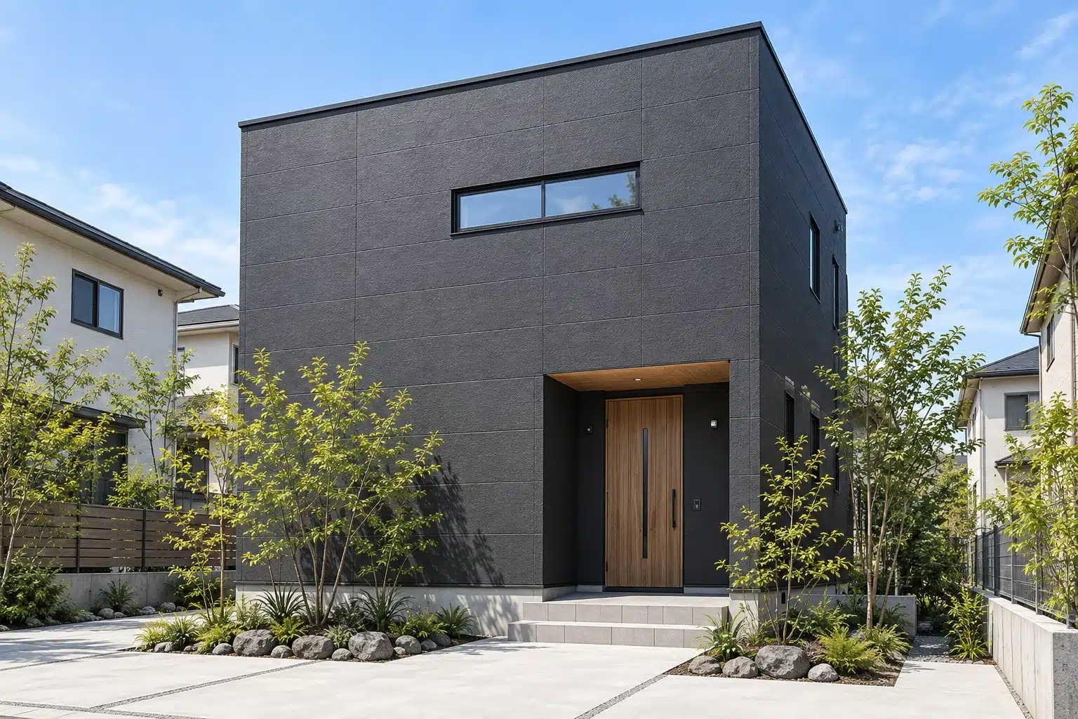 チャコールグレーの四角い外壁と横長の窓を組み合わせたモダンな住宅外観のAI参考イメージ